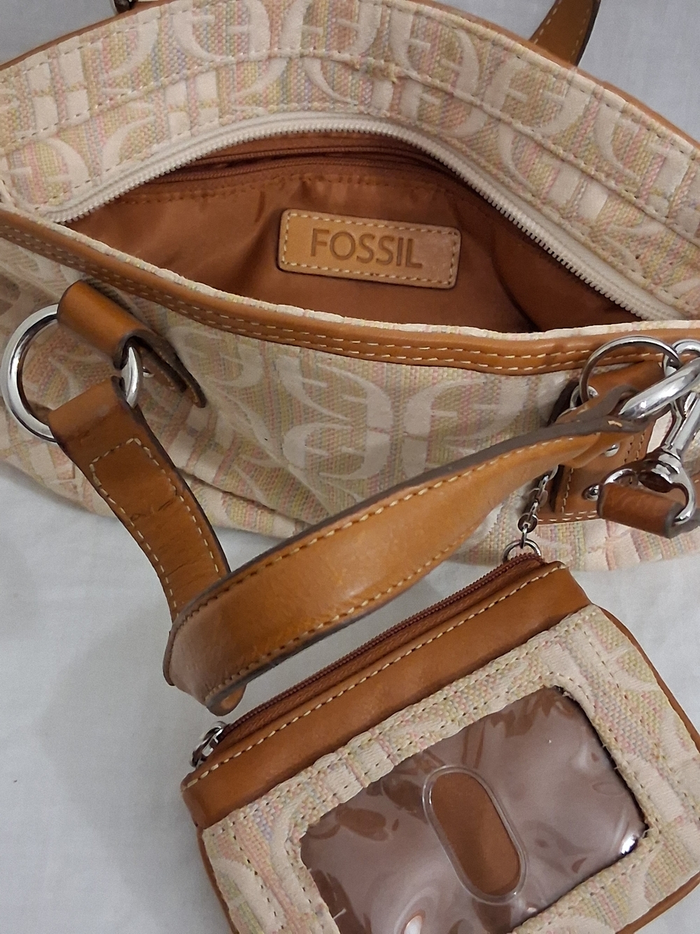 Y2K Fossil Cream Signature Canvas Shoulder Bag with Tan Leather Trim
